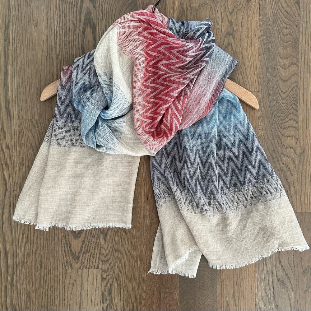 Vintage Missoni Scarf Silk / Cashmere in Classic Chevron Weave Tan, Blue, Red